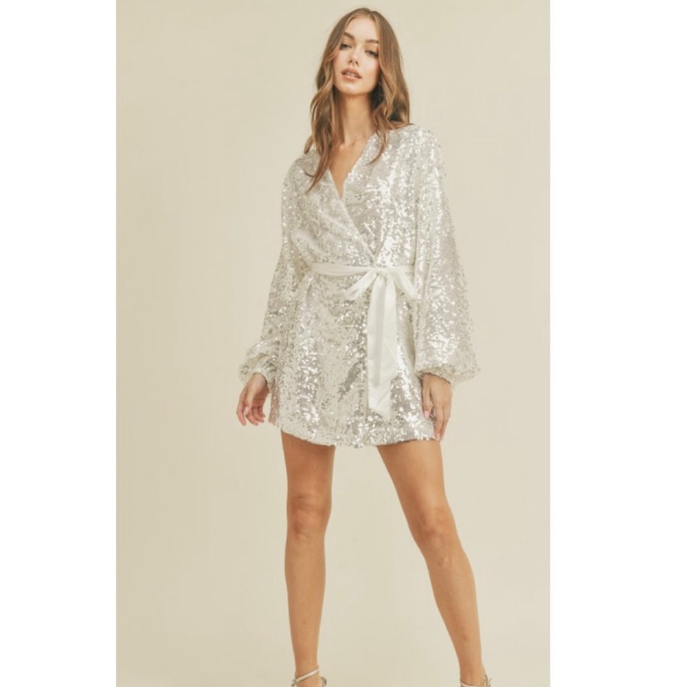 Mabel White Sequin Wrap Dress